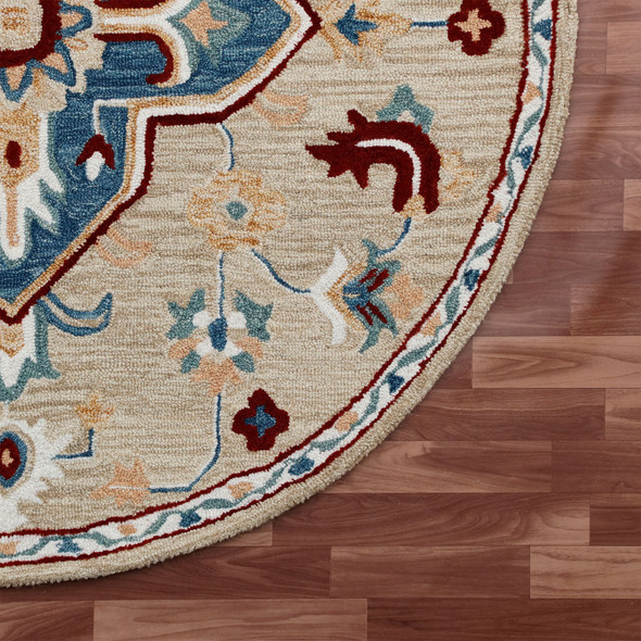 7' Beige And Blue Wool Medallion Hand Tufted Washable Round Rug