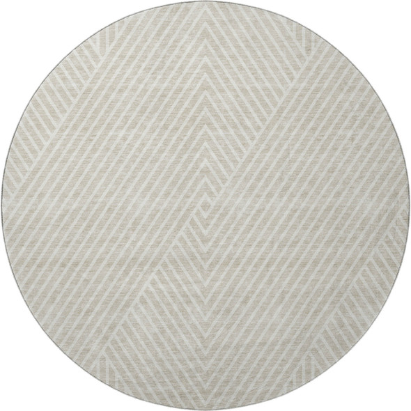 8' Beige And Ivory Geometric Washable Round Rug With UV Protection