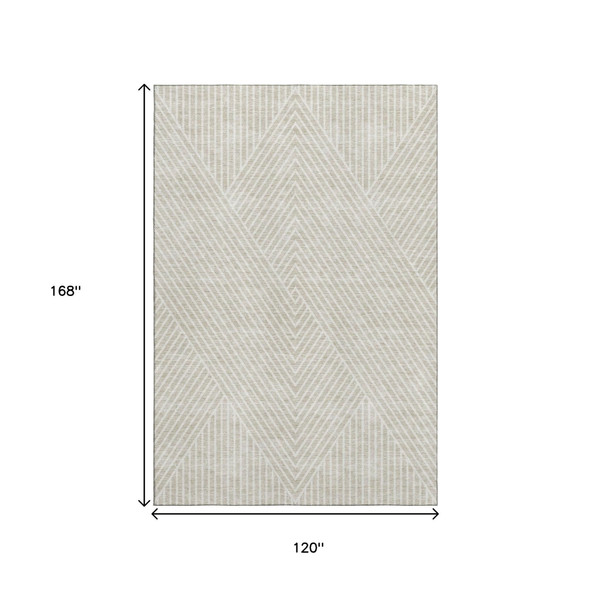 10' X 14' Beige And Ivory Geometric Washable Area Rug With UV Protection