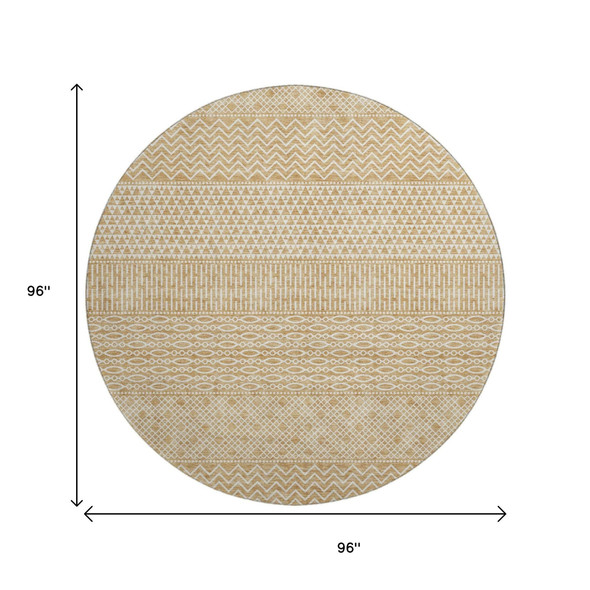 8' Gold And Ivory Striped Washable Round Rug With UV Protection