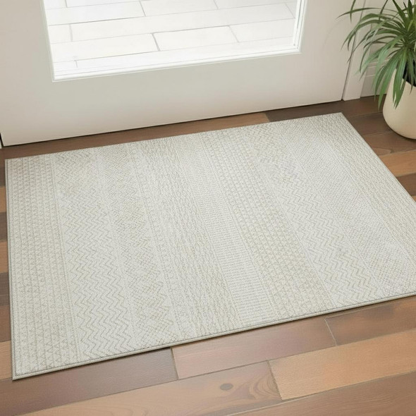 3' X 5' Ivory And Beige Striped Washable Area Rug With UV Protection