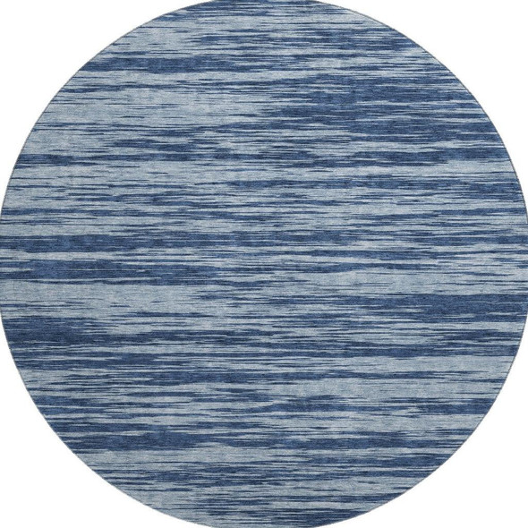 8' Blue And Ivory Striped Washable Round Rug With UV Protection