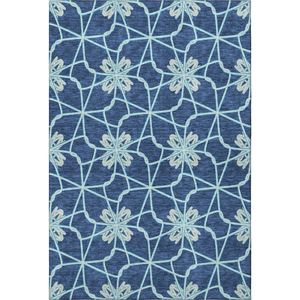5' X 8' Navy Blue Ivory And Gray Geometric Washable Area Rug With UV Protection