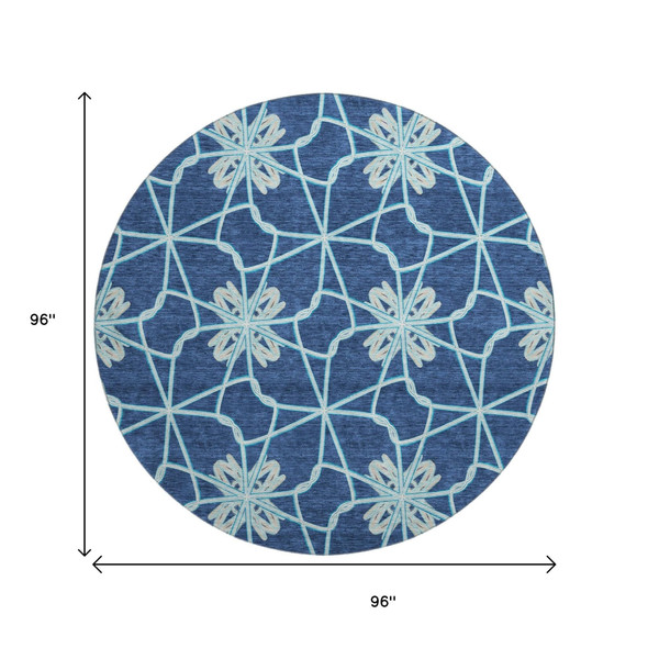 8' Navy Blue Ivory And Gray Geometric Washable Round Rug With UV Protection