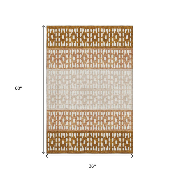 3' X 5' Rust And Ivory Geometric Washable Area Rug With UV Protection
