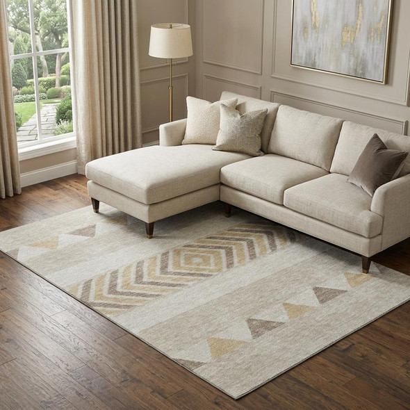 9' X 12' Beige Ivory And Tan Southwestern Washable Area Rug With UV Protection