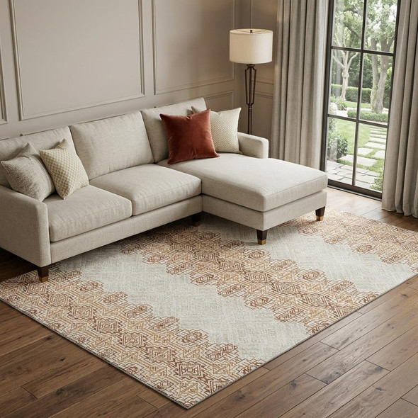 10' X 14' Rust And Ivory Southwestern Washable Area Rug With UV Protection