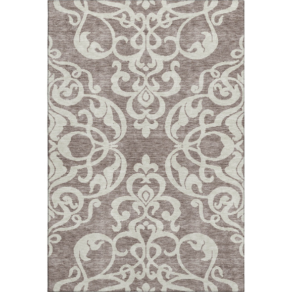 3' X 5' Taupe And Ivory Damask Washable Area Rug With UV Protection