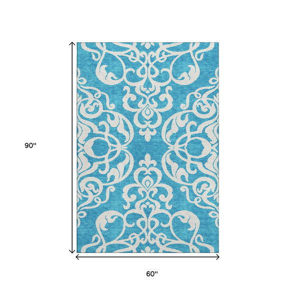 5' X 8' Turquoise And Ivory Damask Washable Area Rug With UV Protection