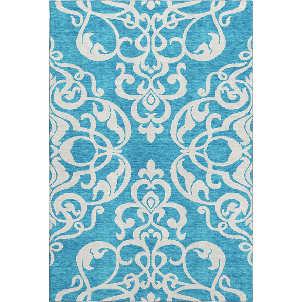 9' X 12' Turquoise And Ivory Damask Washable Area Rug With UV Protection