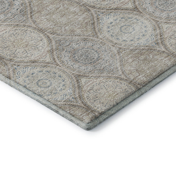 8' Taupe Beige And Ivory Ogee Washable Round Rug With UV Protection