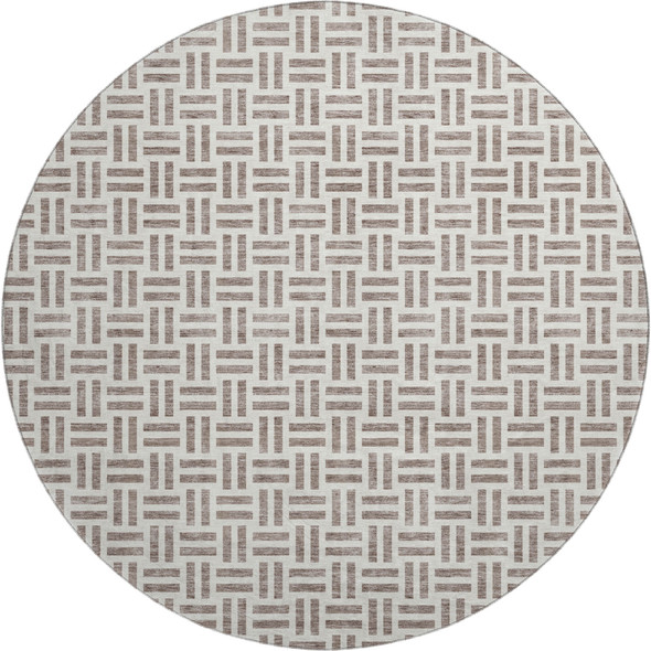 8' Taupe And Ivory Geometric Washable Round Rug With UV Protection