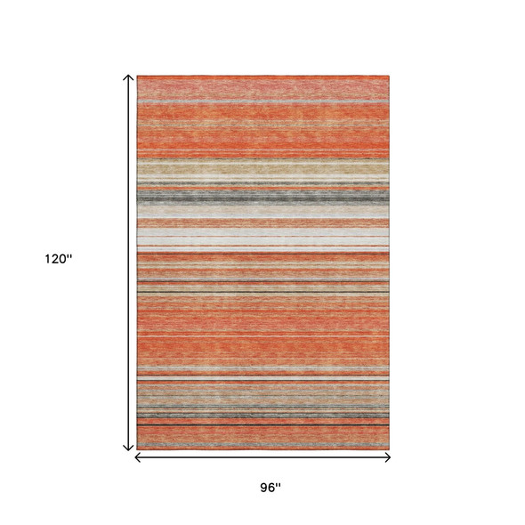 8' X 10' Coral Gray And Beige Striped Washable Area Rug With UV Protection