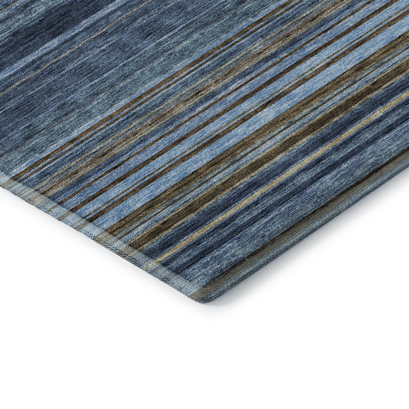 5' X 8' Navy Blue Brown And Taupe Striped Washable Area Rug With UV Protection