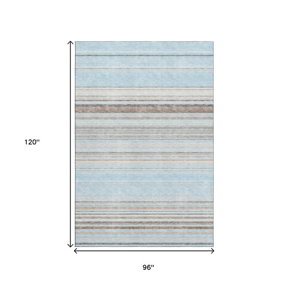 8' X 10' Sky Blue Gray And Ivory Striped Washable Area Rug With UV Protection
