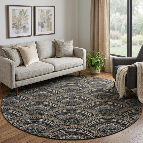 8' Black Gray And Gold Geometric Washable Round Rug With UV Protection