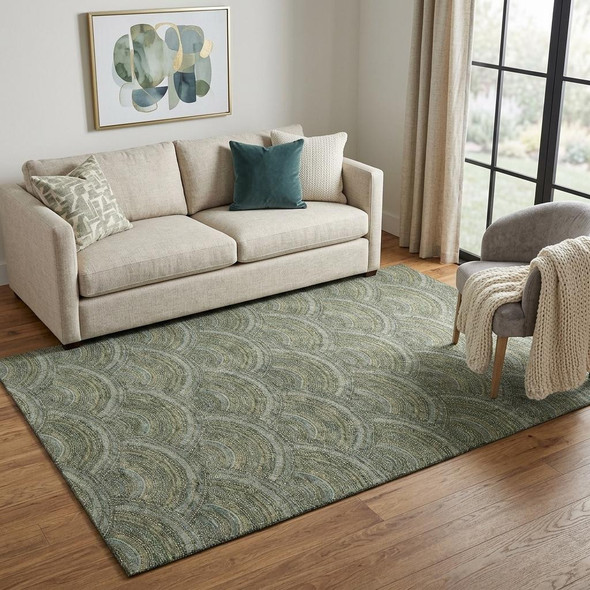 5' X 8' Olive Green And Silver Geometric Washable Area Rug With UV Protection