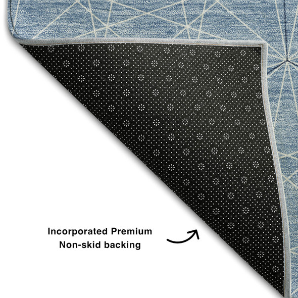 9' X 12' Denim Blue And Ivory Geometric Washable Area Rug With UV Protection