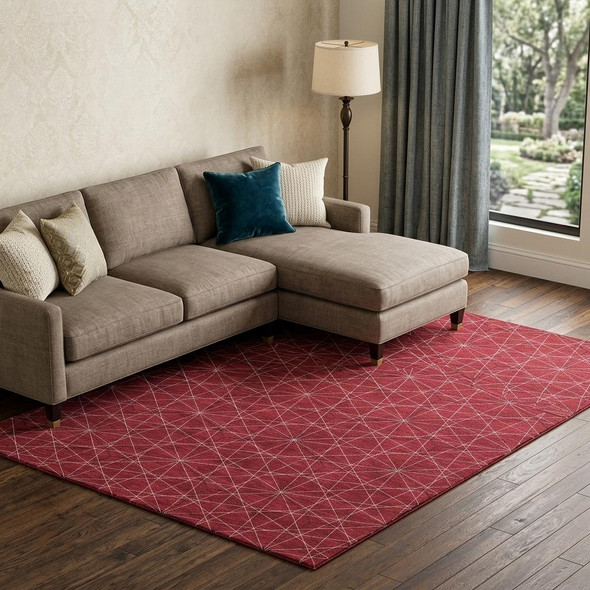 9' X 12' Red And Ivory Geometric Washable Area Rug With UV Protection