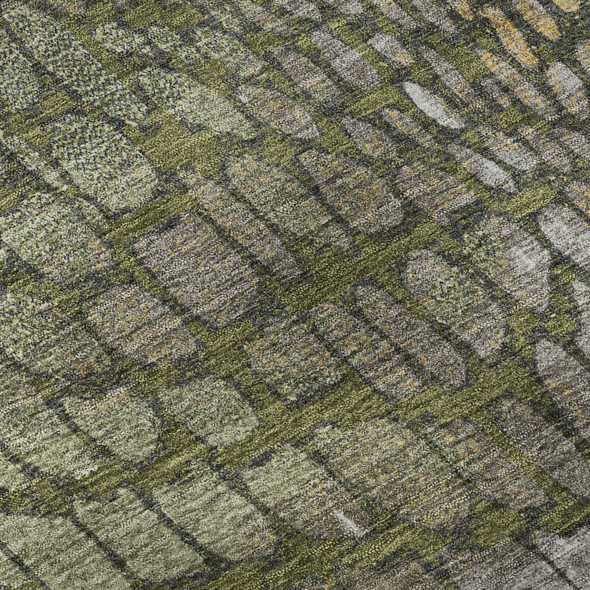 8' X 10' Olive Green Gold And Gray Abstract Geometric Washable Area Rug With UV Protection
