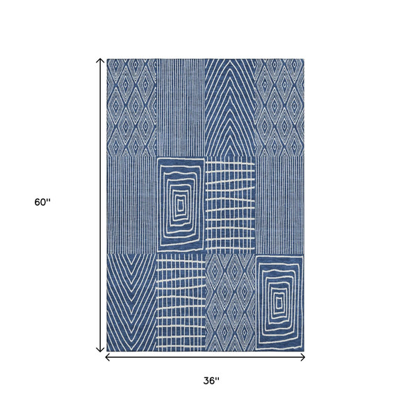 3' X 5' Navy Blue And Ivory Geometric Washable Area Rug With UV Protection