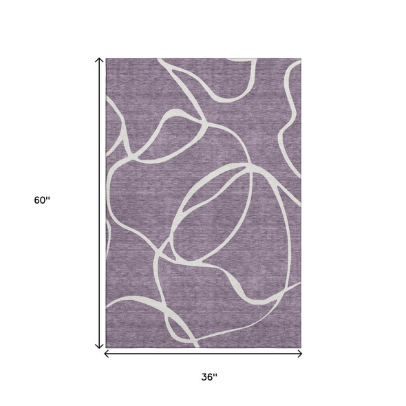 3' X 5' Purple And Ivory Abstract Washable Area Rug With UV Protection