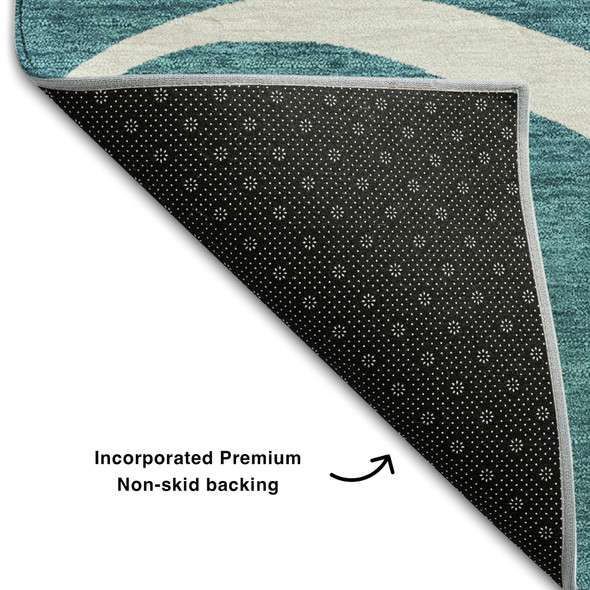 8' Teal And Ivory Abstract Washable Round Rug With UV Protection