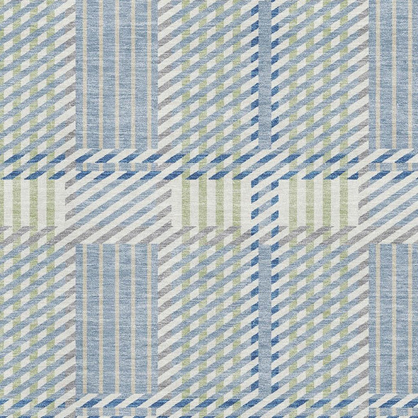 8' X 10' Denim Blue Ivory And Gray Plaid Washable Area Rug With UV Protection
