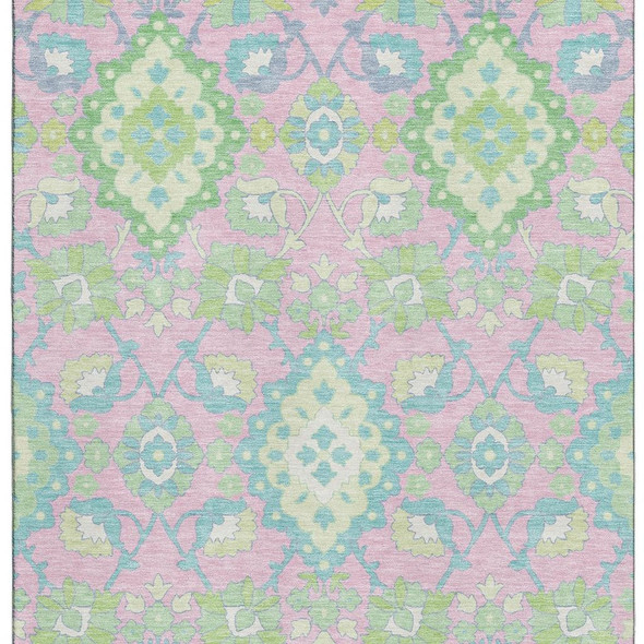 9' X 12' Pink Teal And Lime Green Oriental Washable Area Rug With UV Protection