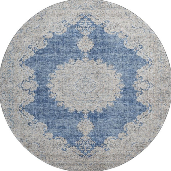 8' Navy Blue Gray And Ivory Oriental Washable Round Rug With UV Protection