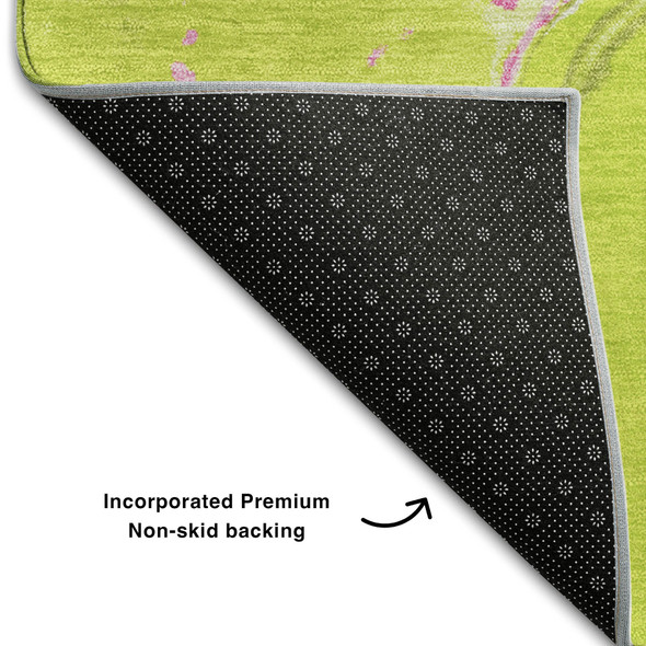 5' X 8' Lime Green Pink And Ivory Abstract Washable Area Rug With UV Protection