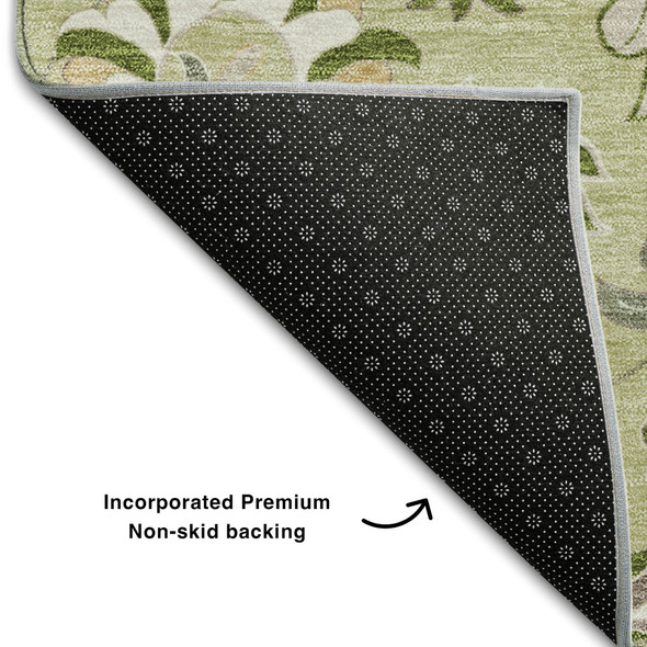 3' X 5' Artichoke Green Taupe And Ivory Floral Washable Area Rug With UV Protection