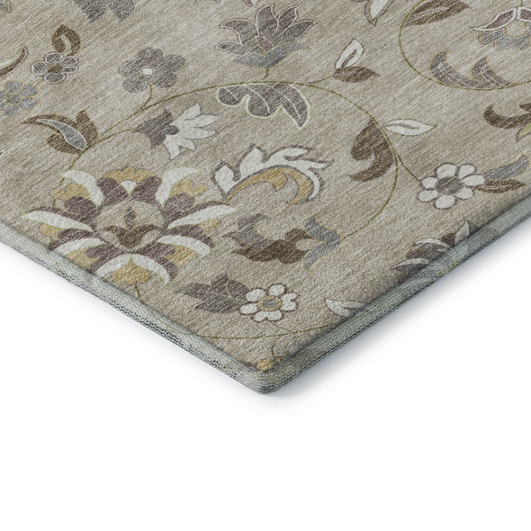 8' Beige Gray And Ivory Floral Washable Round Rug With UV Protection