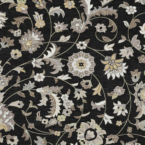 3' X 5' Black Ivory And Beige Floral Washable Area Rug With UV Protection
