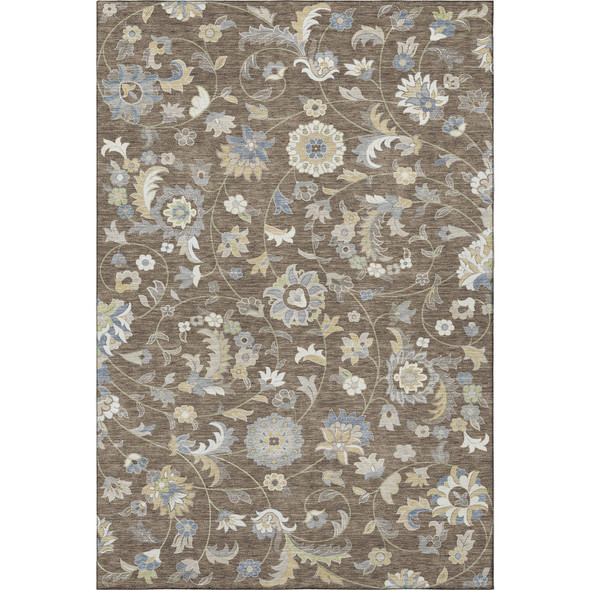8' X 10' Chocolate Blue And Beige Floral Washable Area Rug With UV Protection