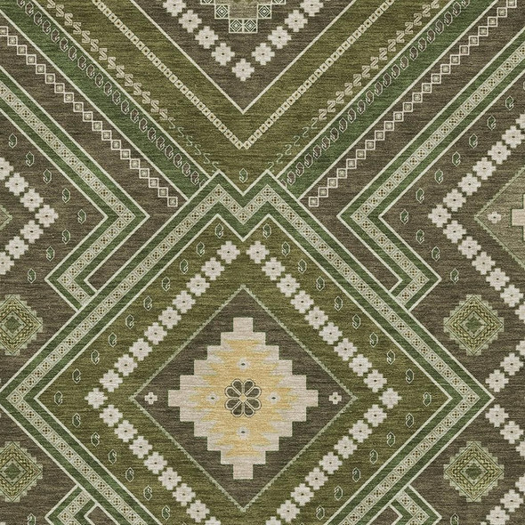 8' X 10' Olive Green Ivory And Brown Tribal Washable Area Rug With UV Protection