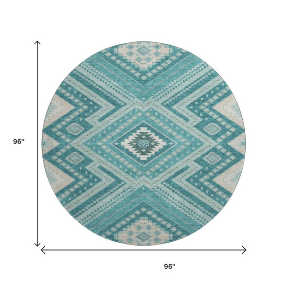 8' Teal Beige And Aqua Tribal Washable Round Rug With UV Protection