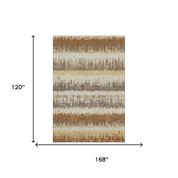 10' X 14' Coffee Beige And Copper Striped Washable Area Rug With UV Protection