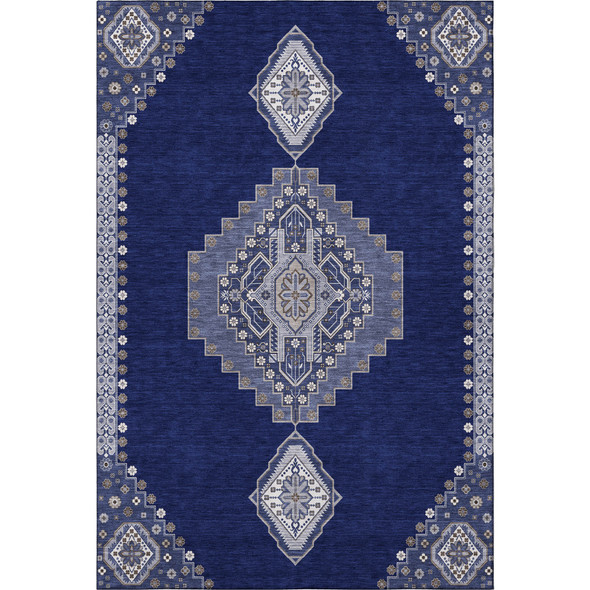 10' X 14' Navy Blue Ivory And Gray Oriental Washable Area Rug With UV Protection