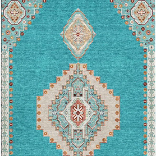 5' X 8' Teal Salmon And Beige Oriental Washable Area Rug With UV Protection