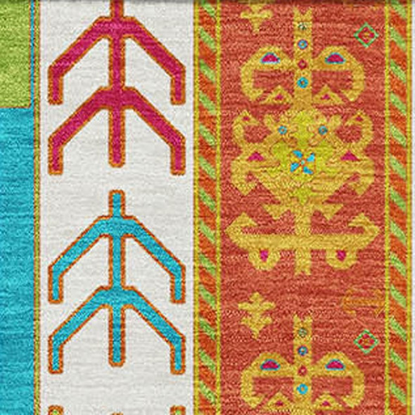 5' X 8' Teal Lime Green And Orange Southwestern Washable Area Rug With UV Protection