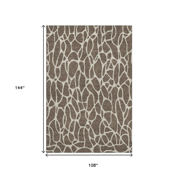 9' X 12' Brown And Beige Geometric Washable Area Rug With UV Protection