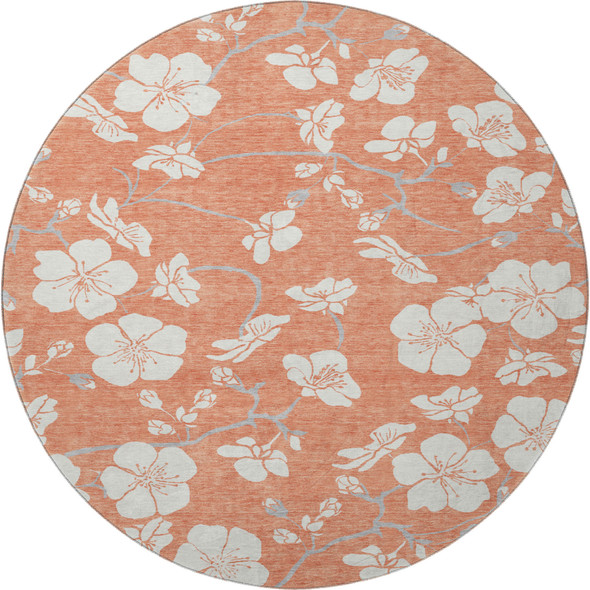 8' Coral And Ivory Floral Washable Round Rug With UV Protection