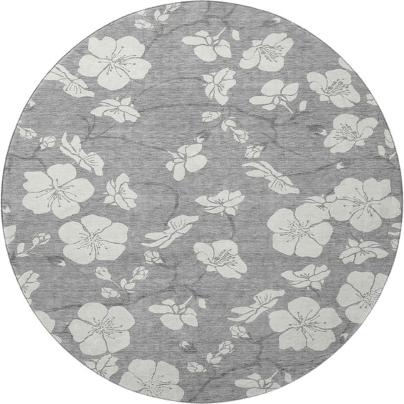 8' Gray And Ivory Floral Washable Round Rug With UV Protection