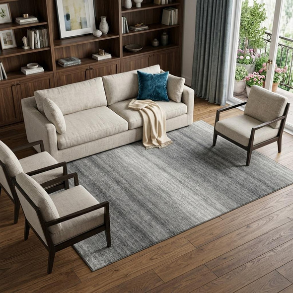8' X 10' Gray And Silver Striped Washable Area Rug With UV Protection