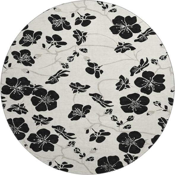 8' Ivory And Black Floral Washable Round Rug With UV Protection
