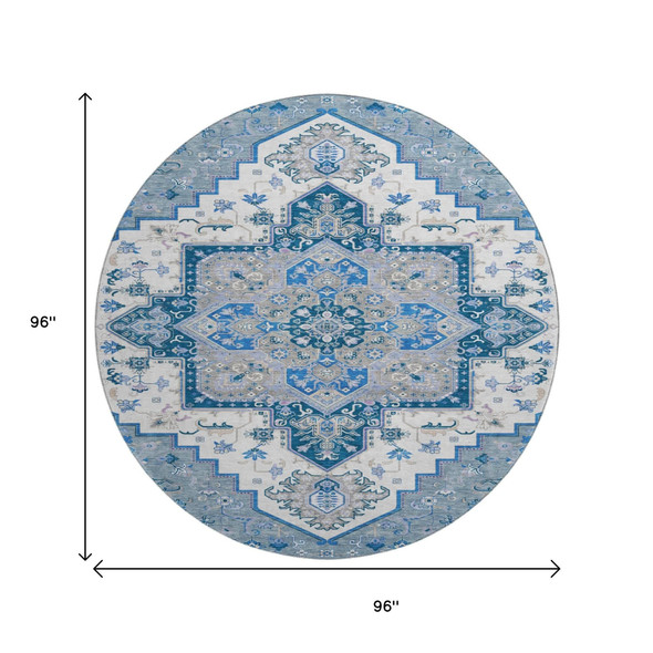 8' Blue Ivory And Gray Oriental Washable Round Rug With UV Protection