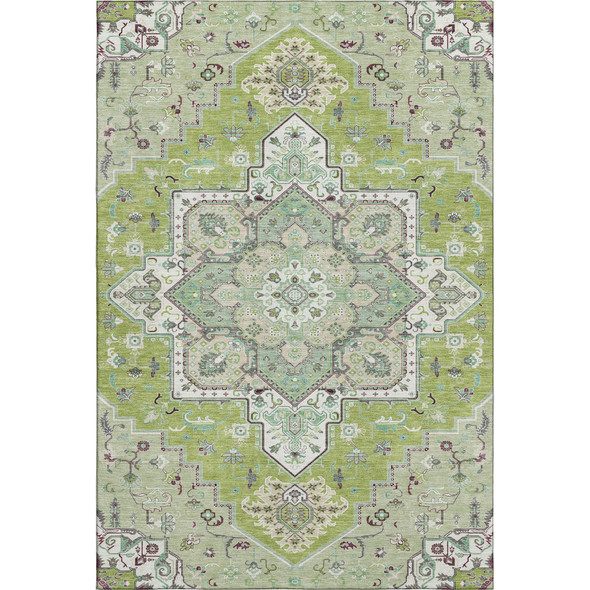 8' X 10' Green Ivory And Gray Oriental Washable Area Rug With UV Protection