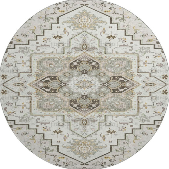 8' Ivory Gray And Beige Oriental Washable Round Rug With UV Protection