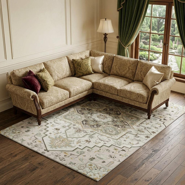 10' X 14' Ivory Gray And Beige Oriental Washable Area Rug With UV Protection